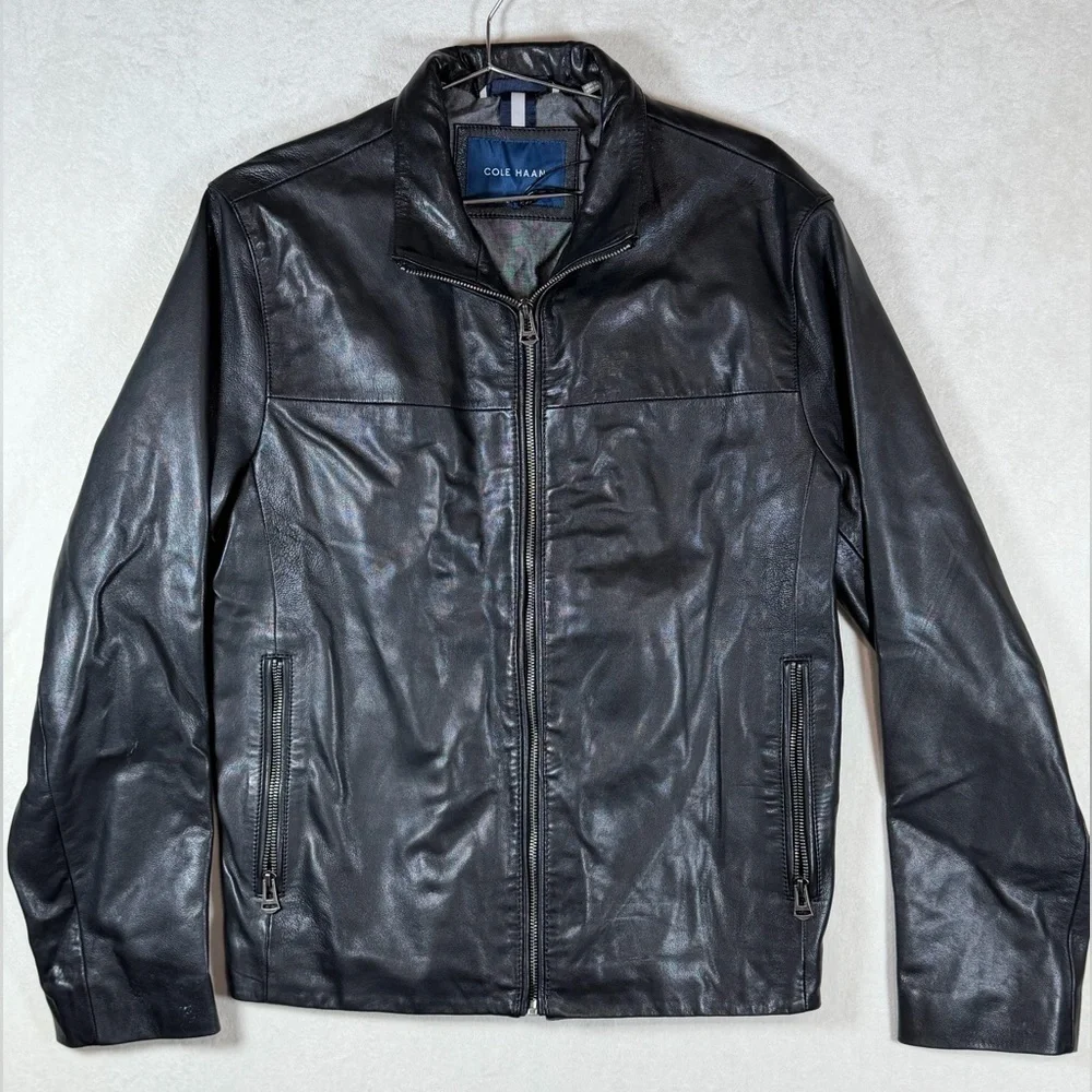 New Without Tags Cole Haan Small Genuine Leather Men's Black Bomber Moto Jacket